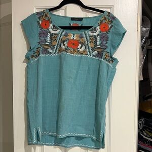 THML Teal Blouse with Floral Embroidery
